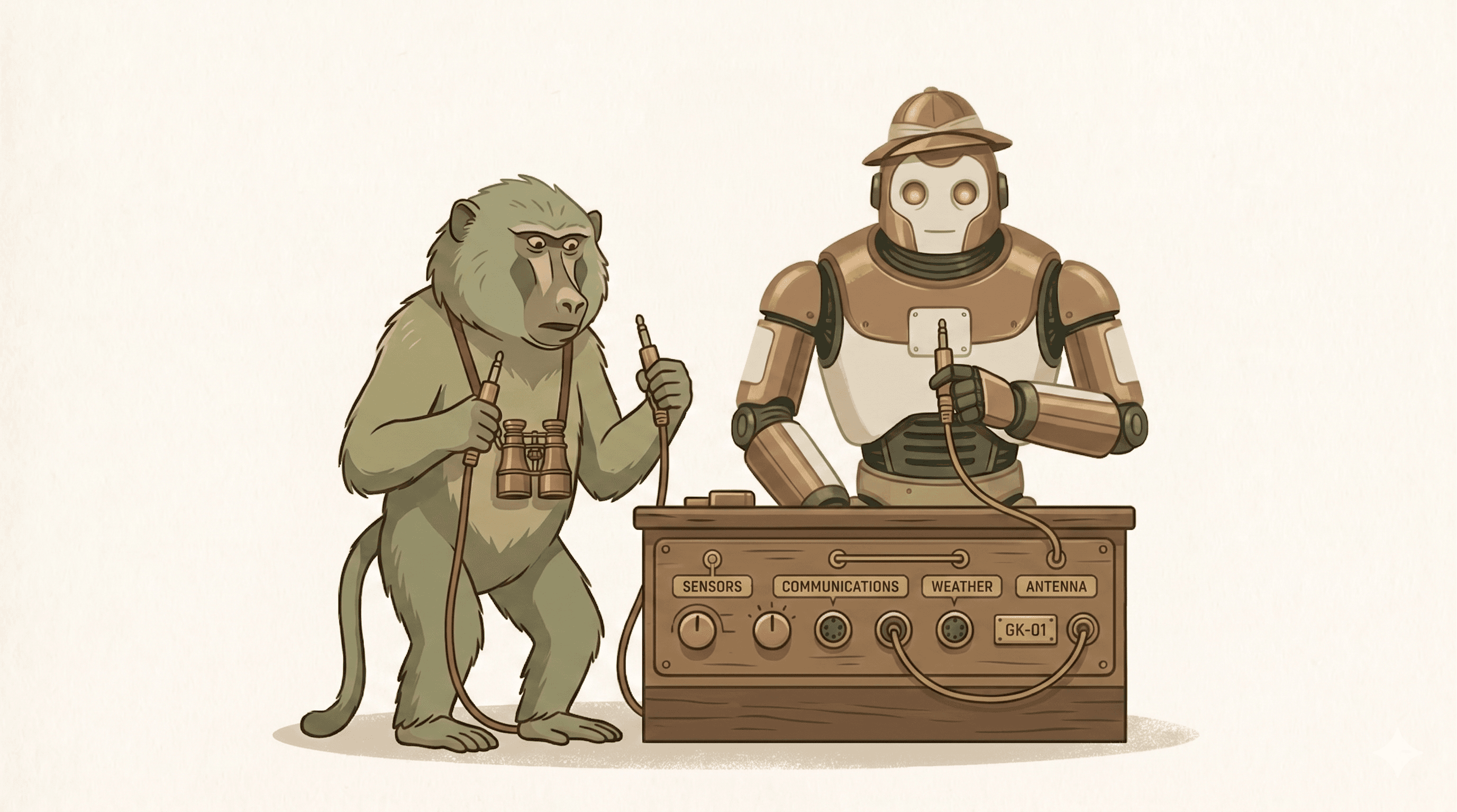 The Gamekeeper plugging cables into a labeled control panel while Bartholomew holds two cables backwards